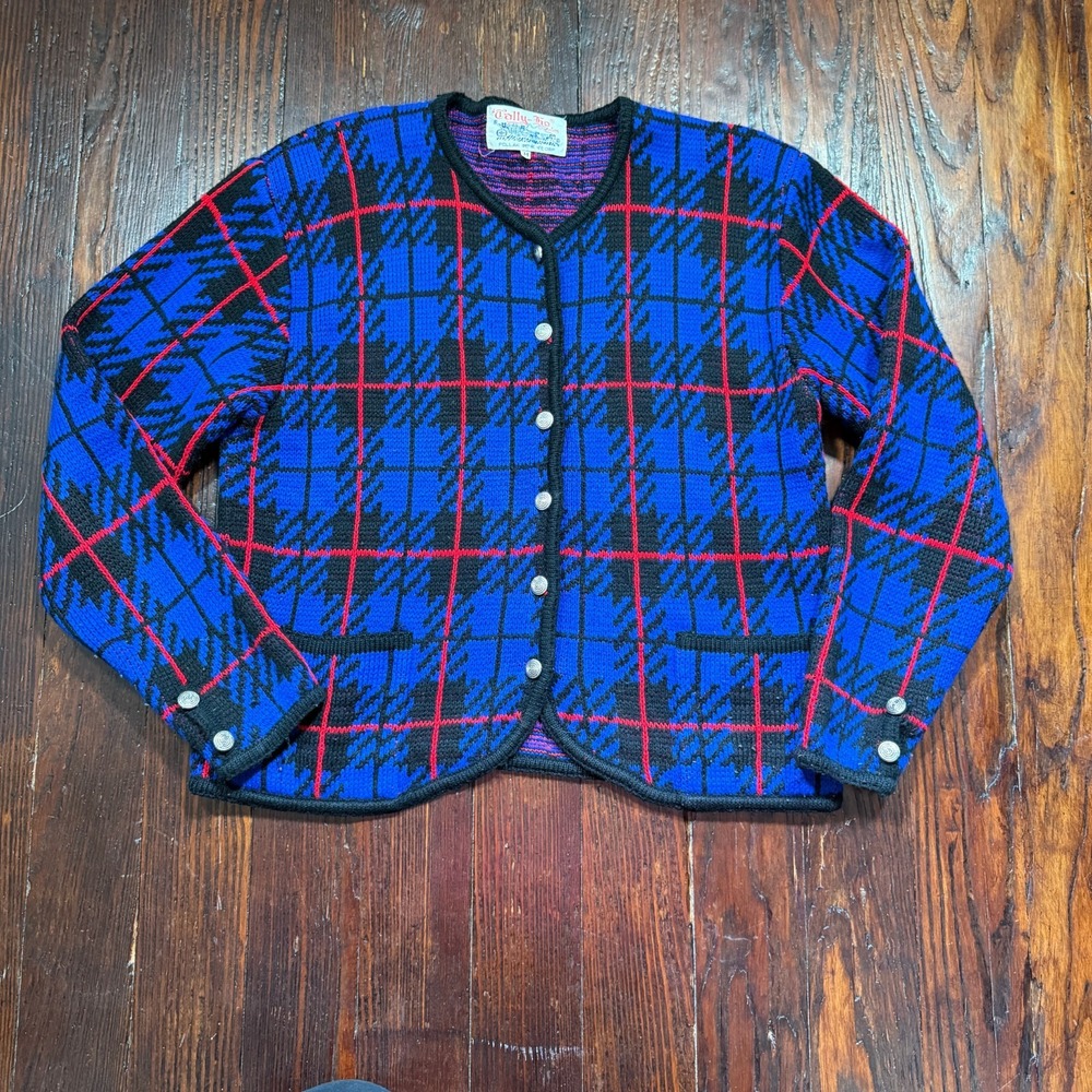 Vintage Tally Ho Sweater Womens M Blue Black Plaid Cardigan Pockets 70s